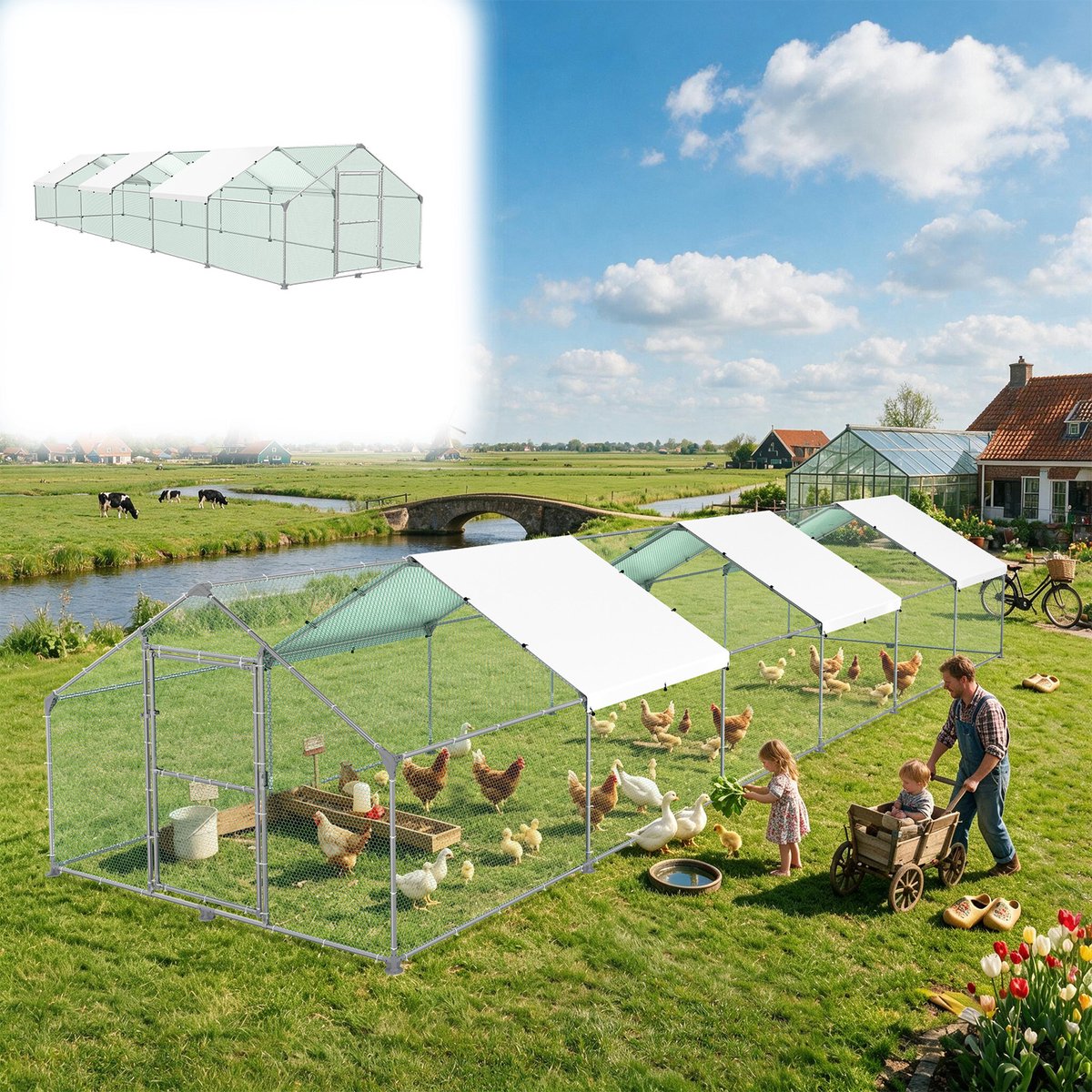 AUFUN Freilaufgehege - 3x12m (36m²) - Met Slot - Hühnerstall buiten, Kleintiergehege, Vogelkooi voor pluimvee en kleine huisdieren