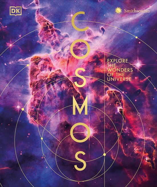Boekomslag van DK's Cosmos met de tekst 'Explore the wonders of the universe' op een achtergrond van een paarsblauwe nevel met gouden cirkels.