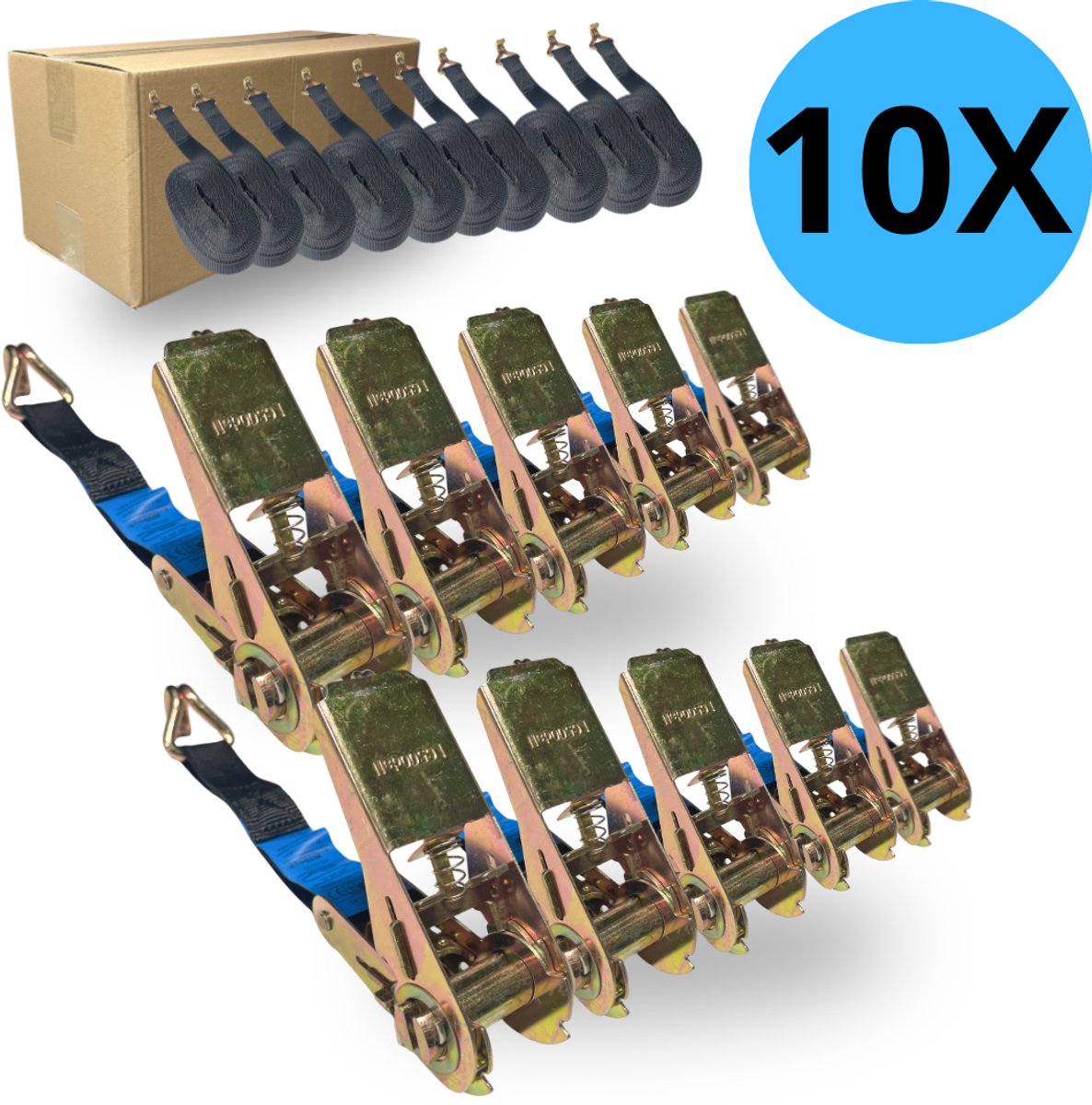 Spanbanden met ratel – 6 meter - Zwart – 25 mm – 10 stuks - straps - spanband