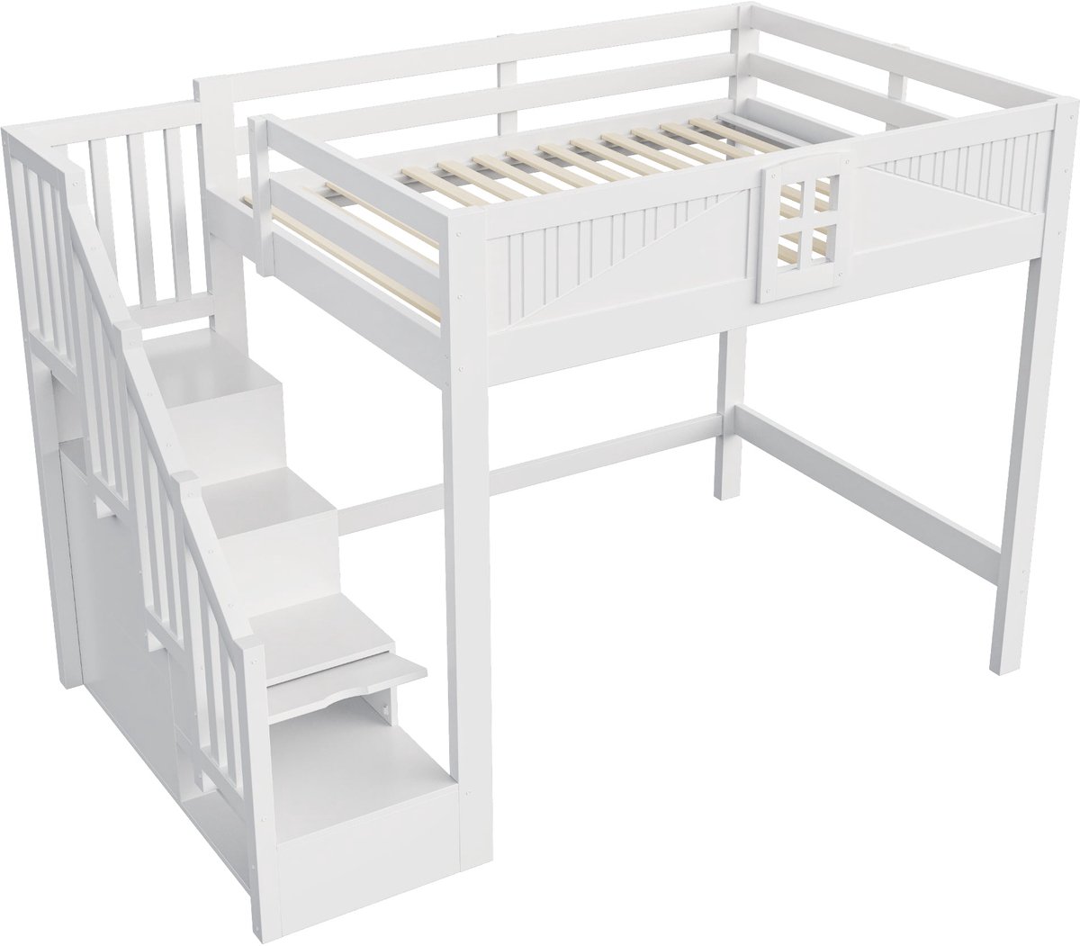 Merax Houten Hoogslaper 140 x 200 cm - Met Opbergtrap - Veiligheidshek - Ruimte Onder Bed - Houten Lattenbodem - Wit