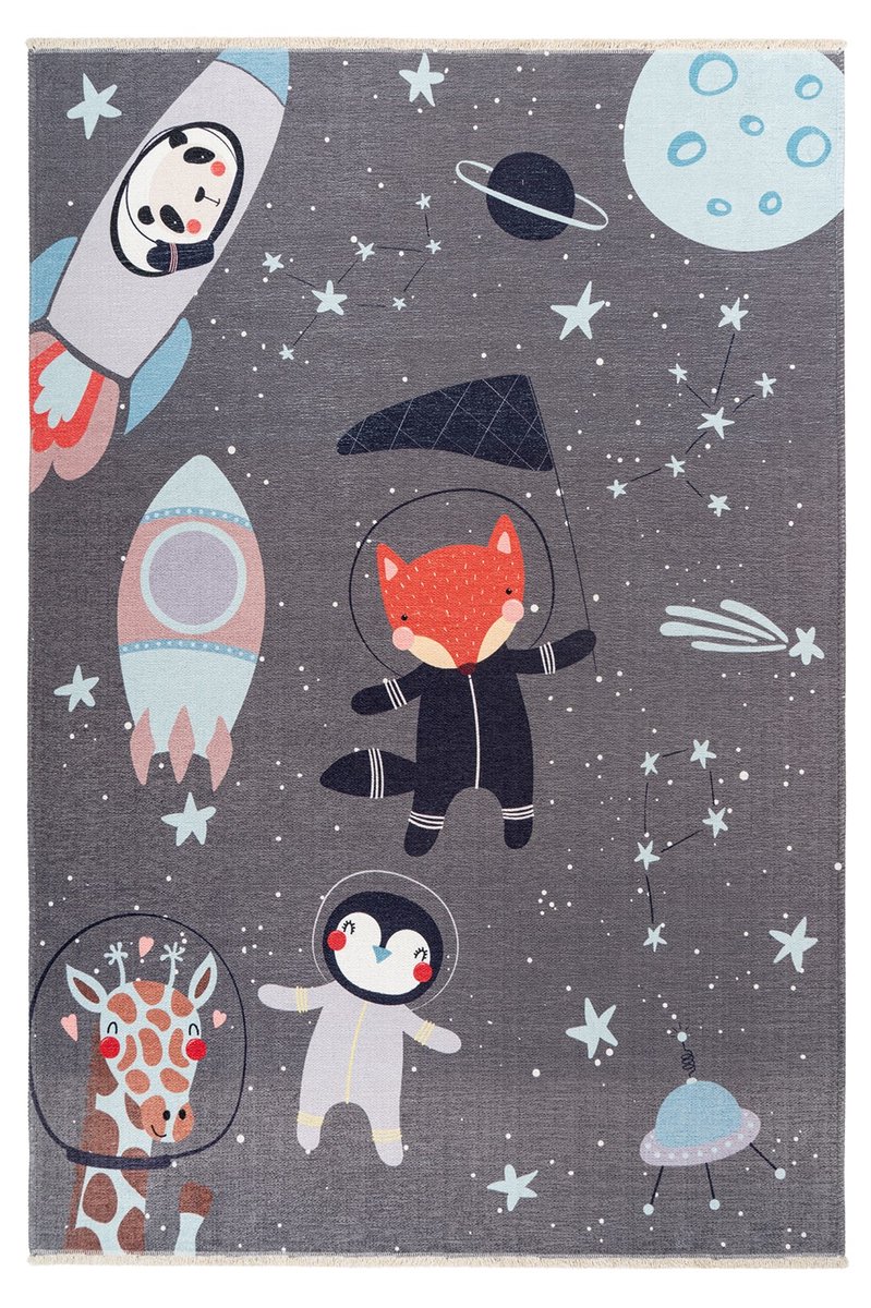 Padiro kindervloerkleed 115 x 170 cm - spacegrijs - speels kindermotief - met dierlijk astronautenmotief - van gerecycled katoen en polyester
