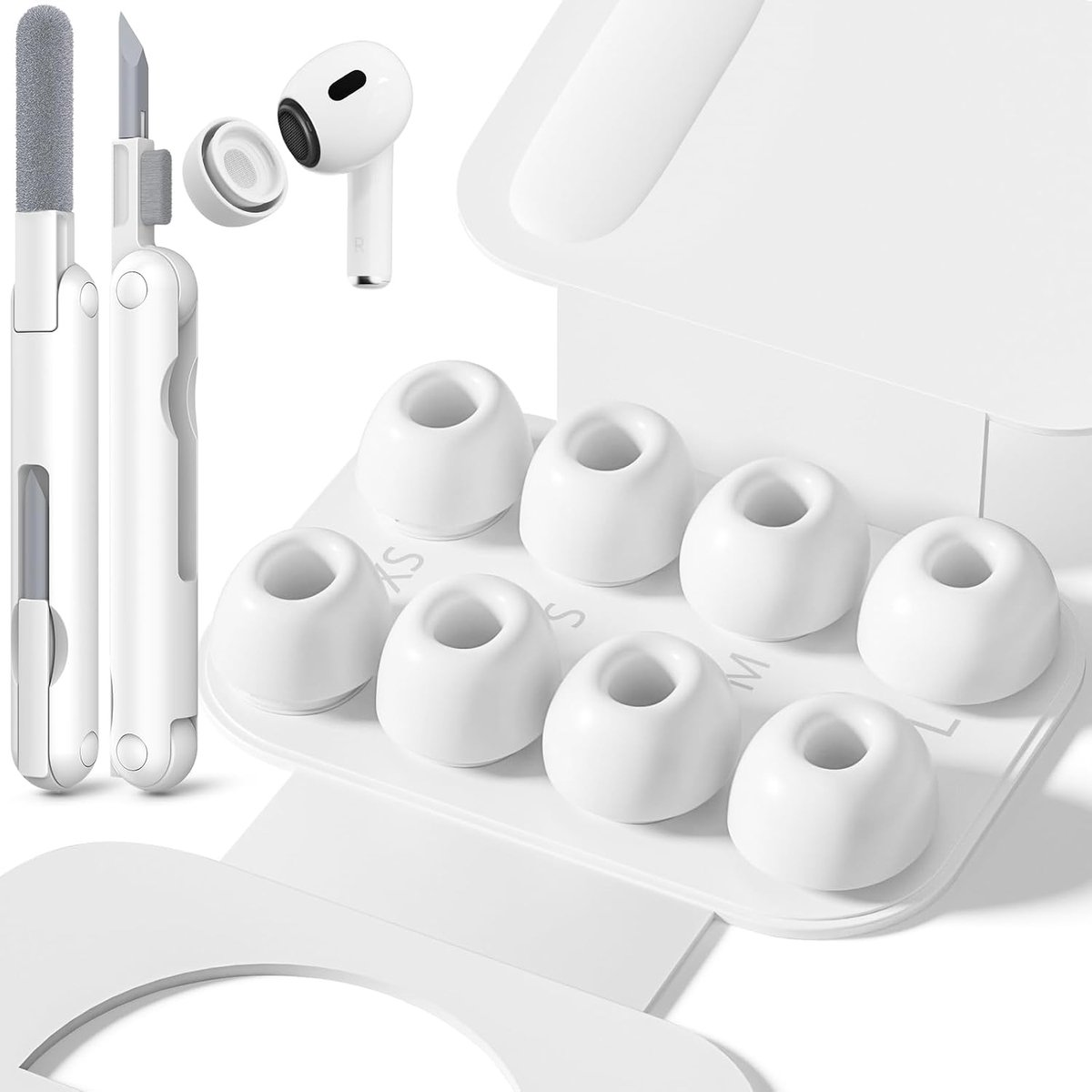 Replacement Ear Tips for AirPods Pro 1 - 2 - 4 Size-White - with Hole for Noise Reduction - Silicone Earplugs for AirPods Pro with Cleaning Set & Portable Storage Box - 4 Pairs