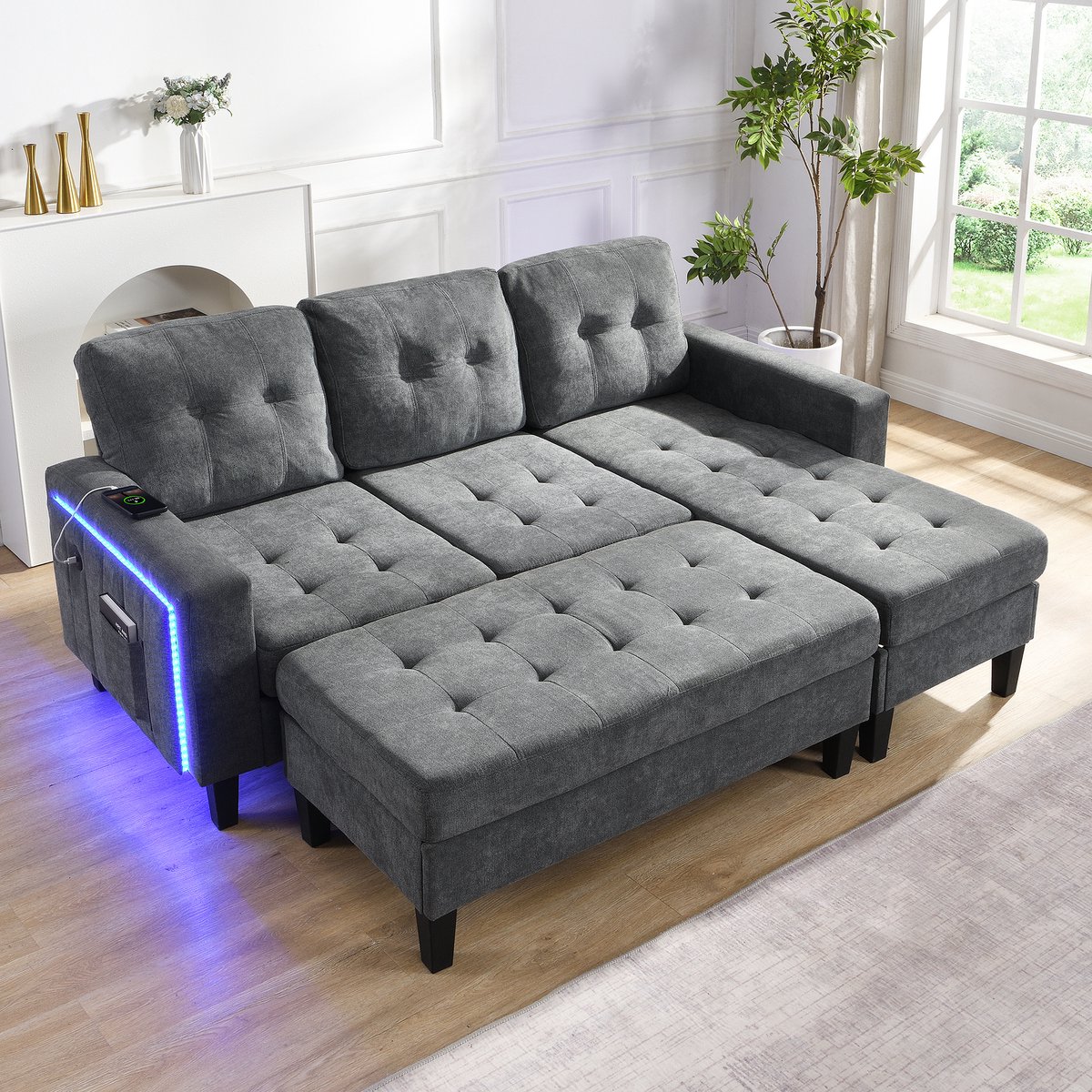 Lounge Bank - Modulaire L-Bank Met Hocker - 3-Zits Slaapbank - LED Verlichting En USB - Chenille - Grijs