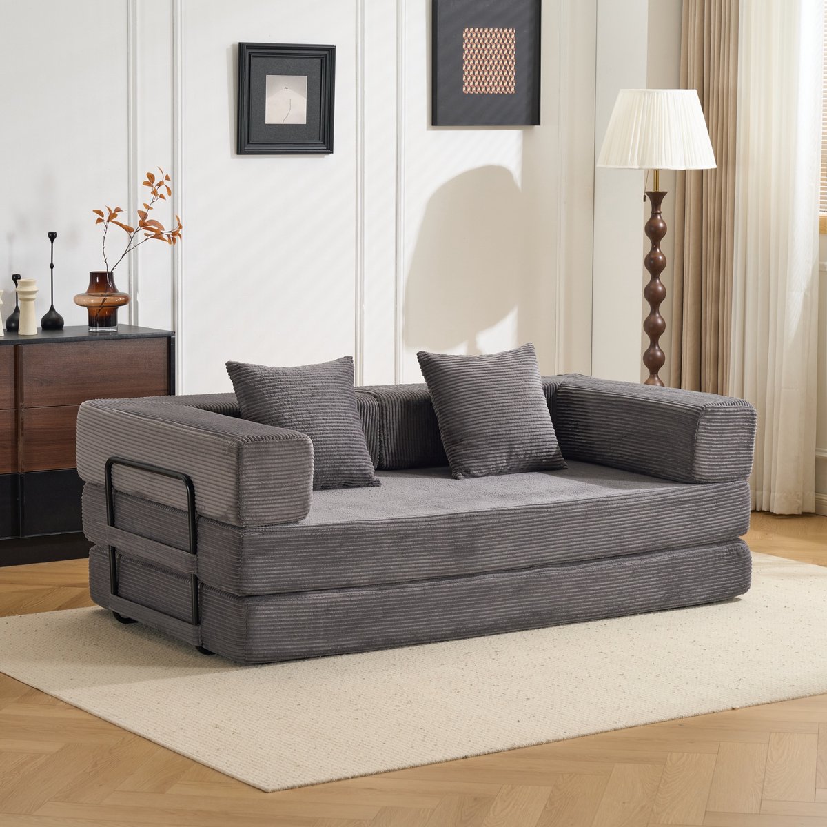 Slaapbank 2 Zits - Vloerbank Met Ligfunctie - Ribstof Donkergrijs - Modulaire Lounge Sofa Bed Zonder Montage - Japanse Relaxbank Voor Woonkamer