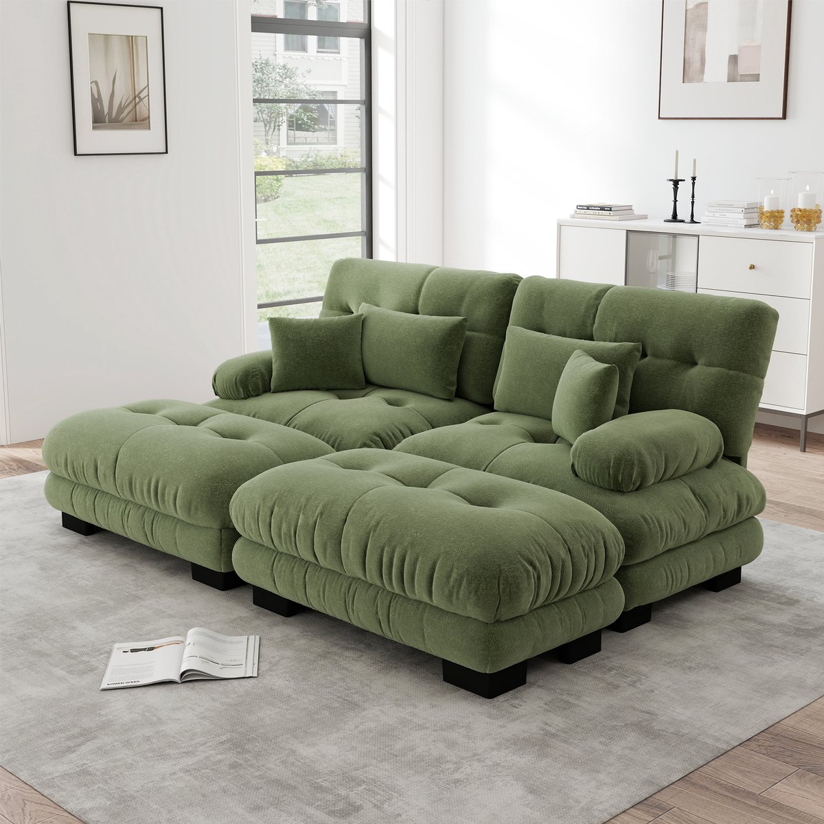 Modulaire Hoekbank 2-Zits - Chenille Cloud Sofa Met 2 Hockers - Diepe Zitbank Met Kussens - Groen