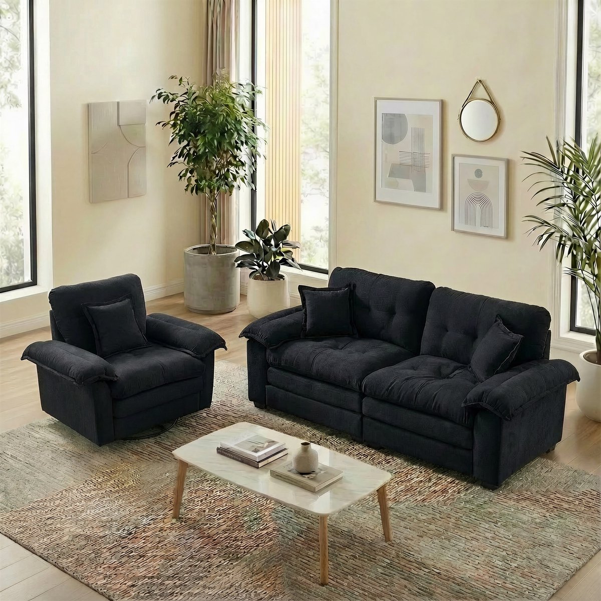 3-Zits Bank Set - Chenille Sofa Set Met 1-Zits Fauteuil En 2-Zits Bank - Luxe Lounge Bank Met Diepe Zit En Sierkussens - Comfortabele Stoffen Sofa Voor Woonkamer Appartement Kantoor - Zwart