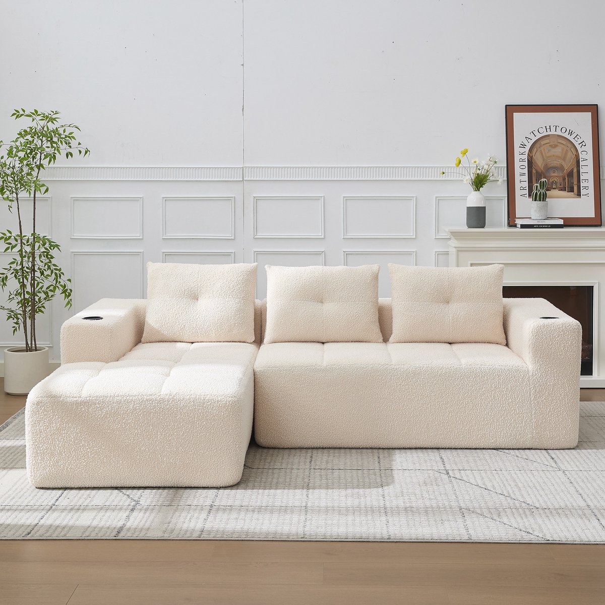 L-Vorm Hoekbank 3-Zits - Moderne Lounge Bank Met Chaise Longue - Comfortabele Sofa Met Kussens En Bekerhouders - Polyester Bekleding - Ruime Zitbank Voor Woonkamer Appartement