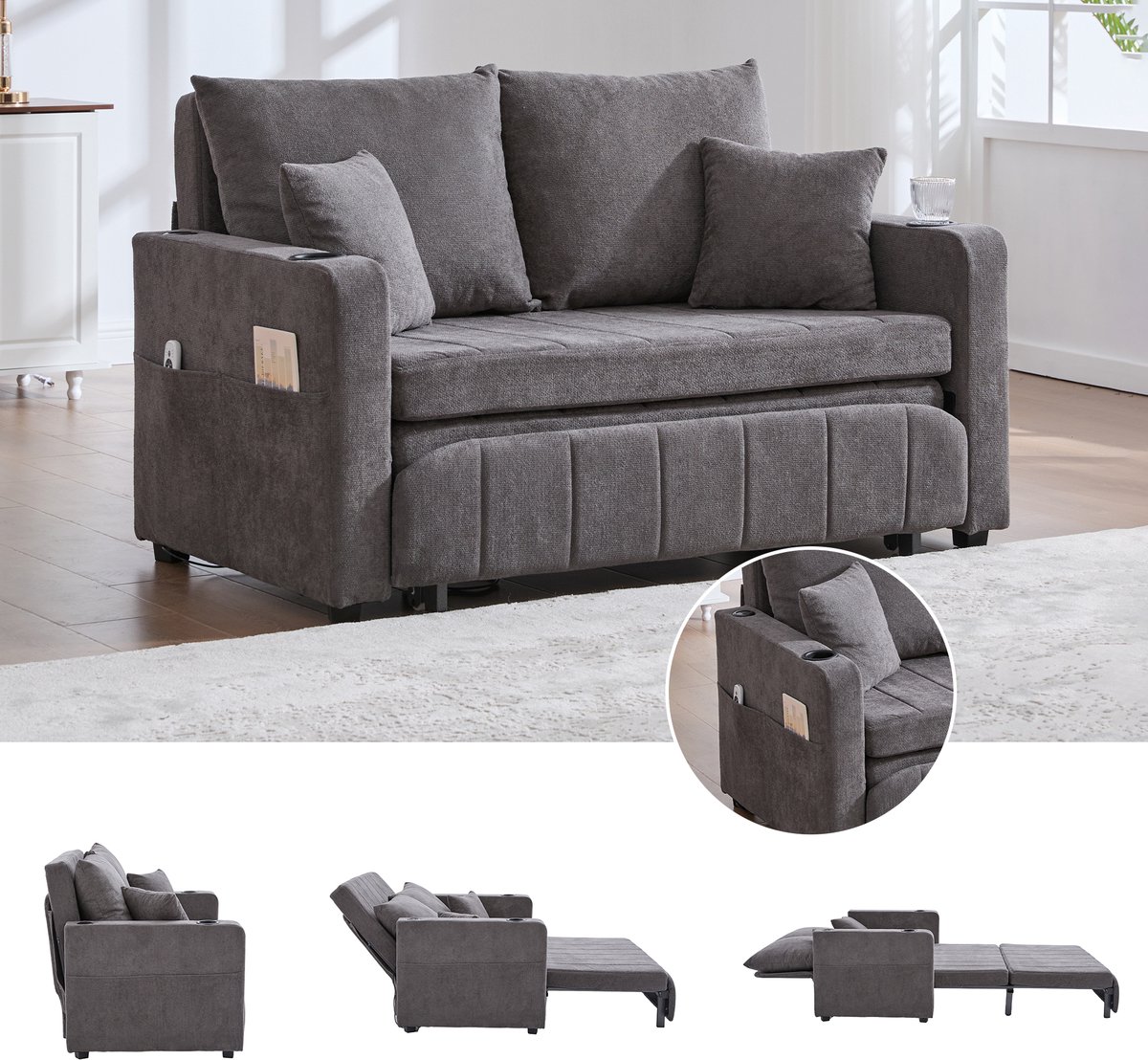 2 Zits Slaapbank - Chenille Sofa Bed Met USB Oplader En Bekerhouder - Uitklapbare Bank Met Opbergtas En Hoofdkussens - Multifunctionele Lounge Bank Voor Woonkamer, Appartement En Kantoor - Grijs