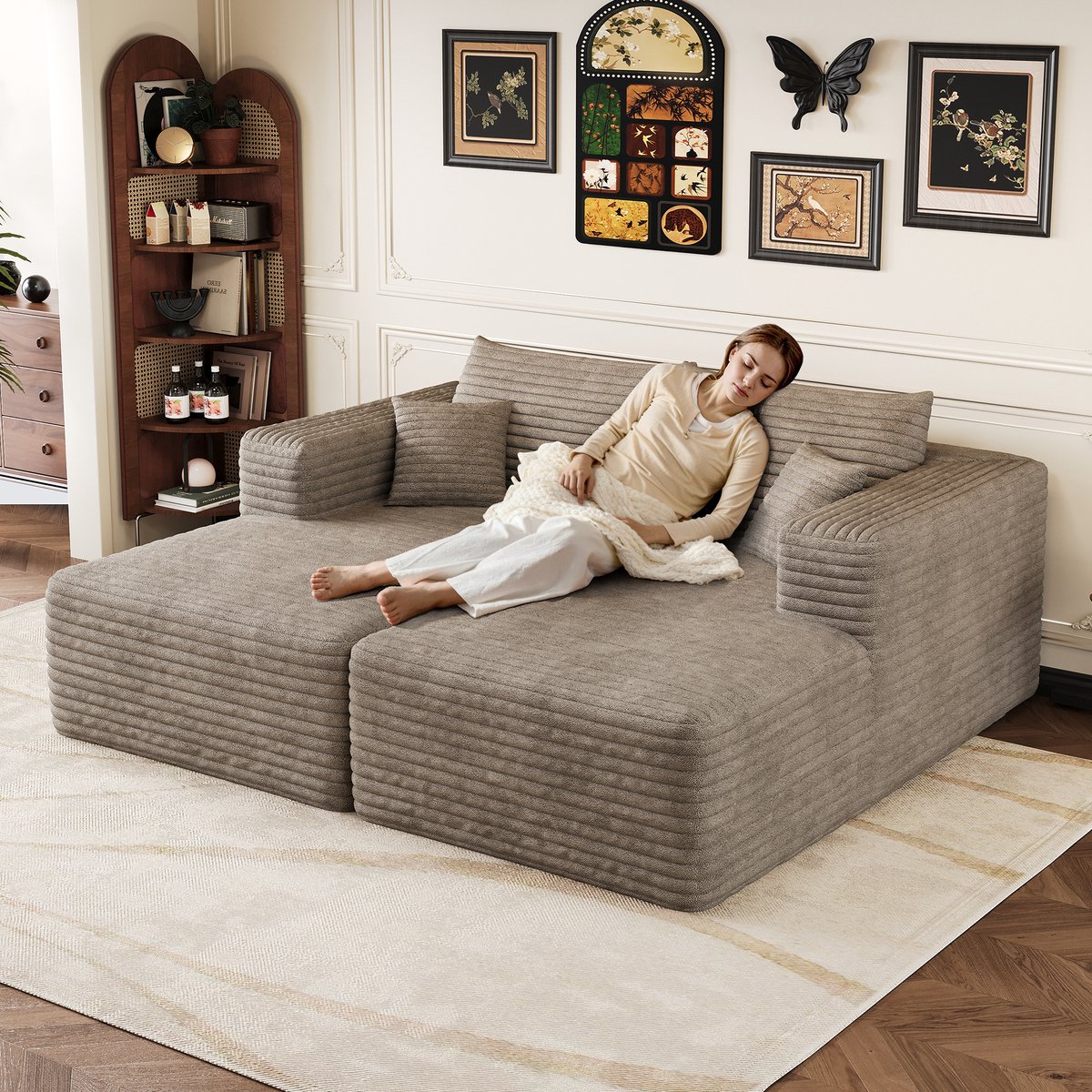 Cloud Sofa - Modulaire Lounge Bank Ribstof - 2 Persoons Chaise Longue Met Slaapfunctie - Zachte Diepe Zitbank Zonder Montage - Moderne Sofa Camel