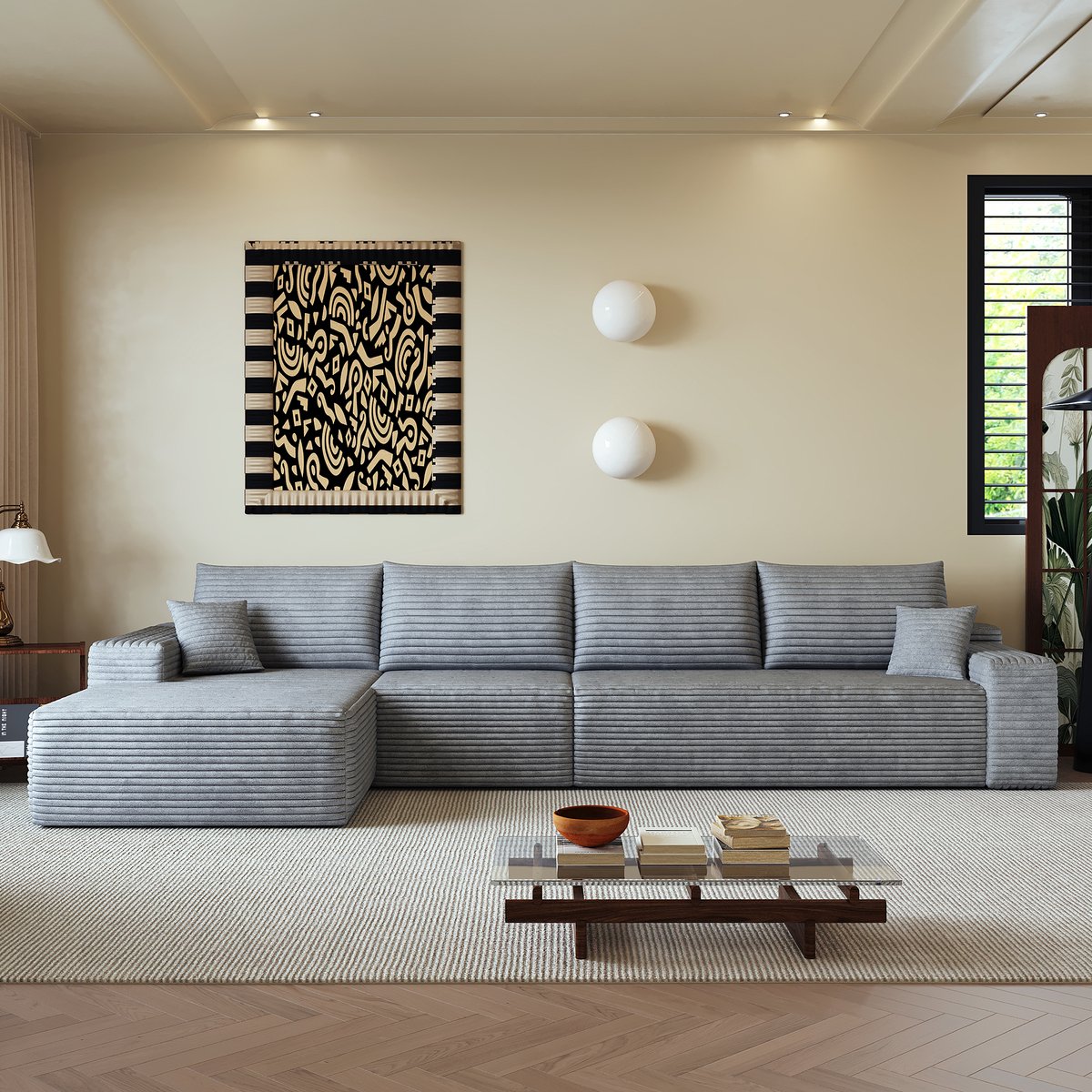 L Vormige Hoekbank - Moderne Modulaire Sofa Grijs - 4 Persoons Lounge Bank Met Ribcord Bekleding - Diepe Zitbank Zonder Montage