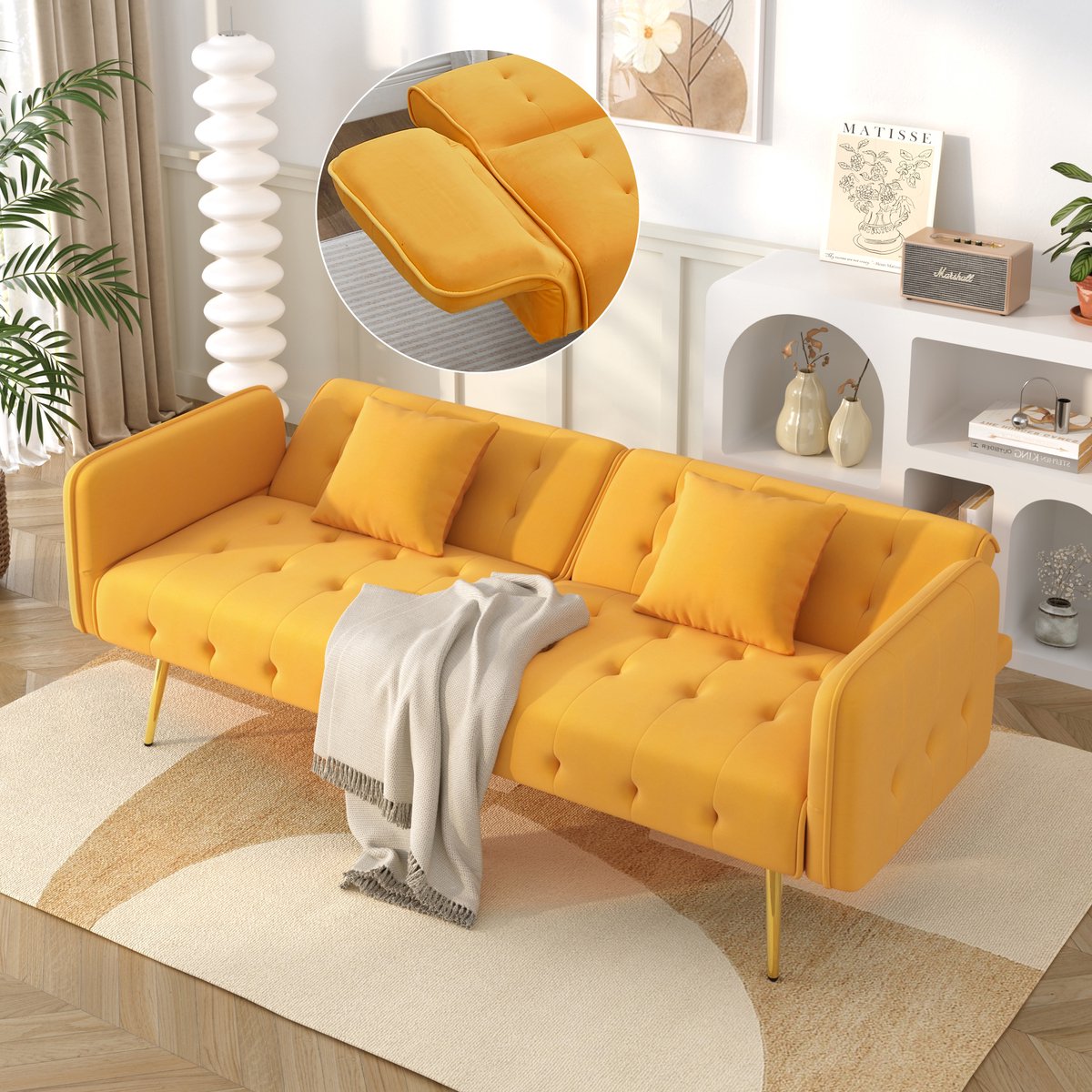 tweezits-Multifunktions-Sofabett 178x82x70 cm - Veloursbezug Met Flexibele Arm- En Rückenlehnen..., Geel