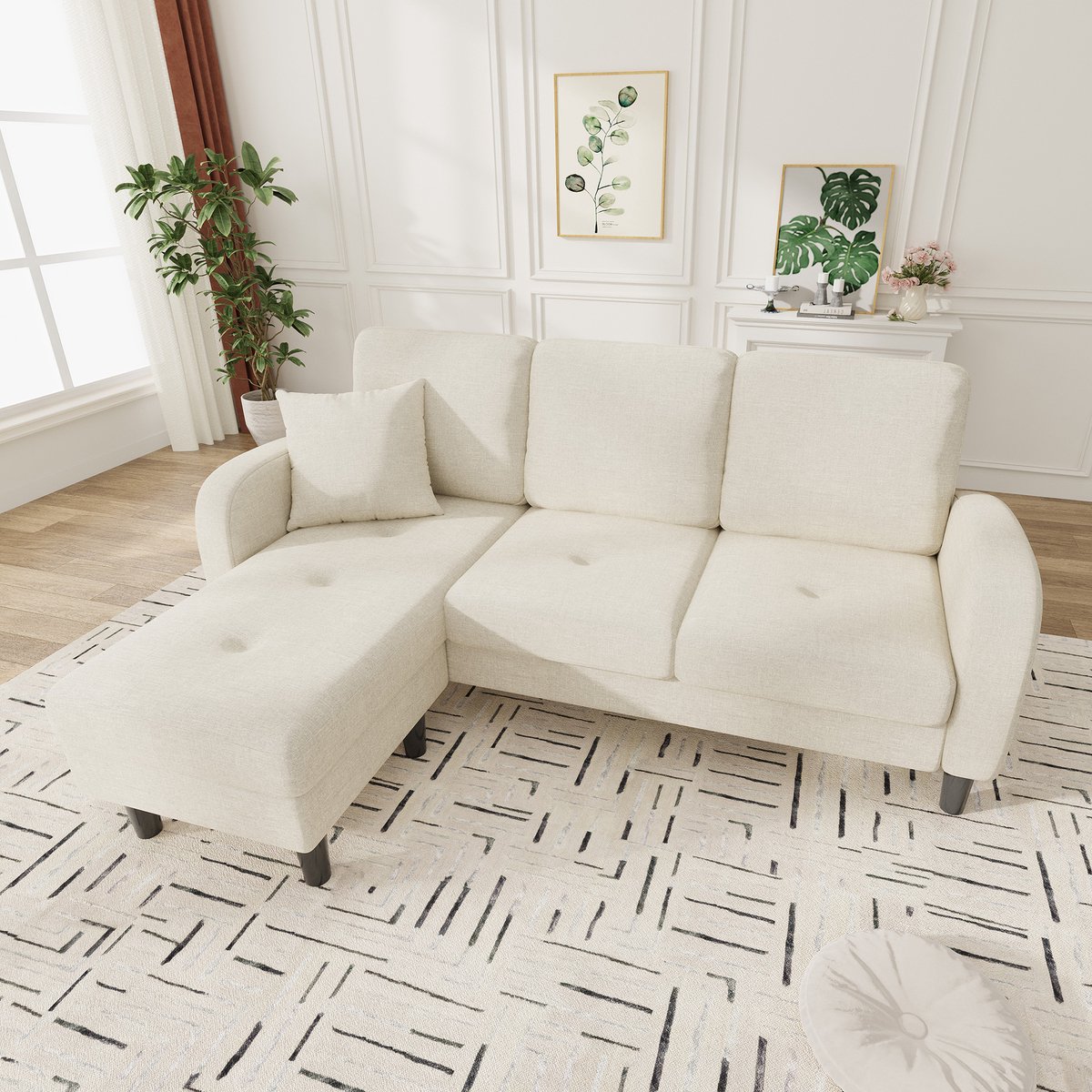 Zubaliya L-Vorm Hoekbank - Modulaire 3-Zits Bank Met Chaise Longue - Linnen Look Bekleding - Compacte Lounge Bank Voor Appartement, Woonkamer En Kantoor - Beige lichtbeige