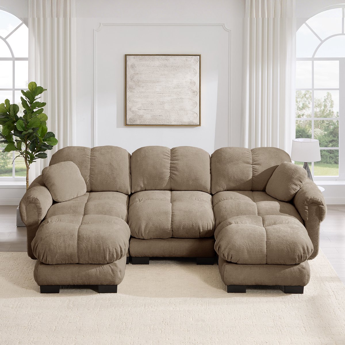 U Vormige Hoekbank - 3 Persoons Cloud Sofa Bruin - Modulaire Chenille Bank Met Hocker En Kussens - Zachte Lounge Bank Voor Moderne Woonkamer