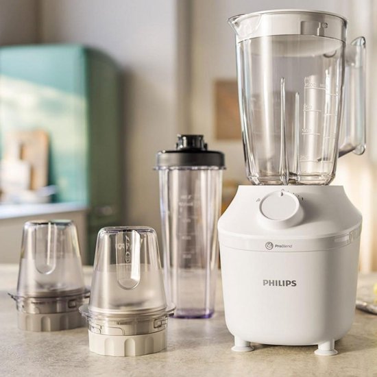 Witte Philips blender met twee hakmolens en een drinkbeker.