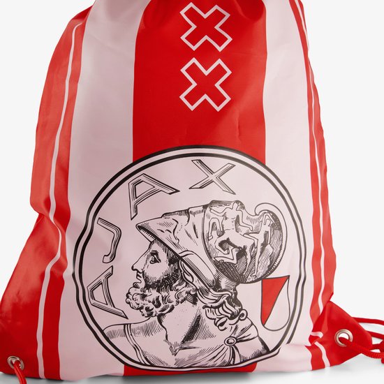 Rugzak met verticale rode en witte banen en het Ajax-logo met de drie Andreaskruizen erboven.
