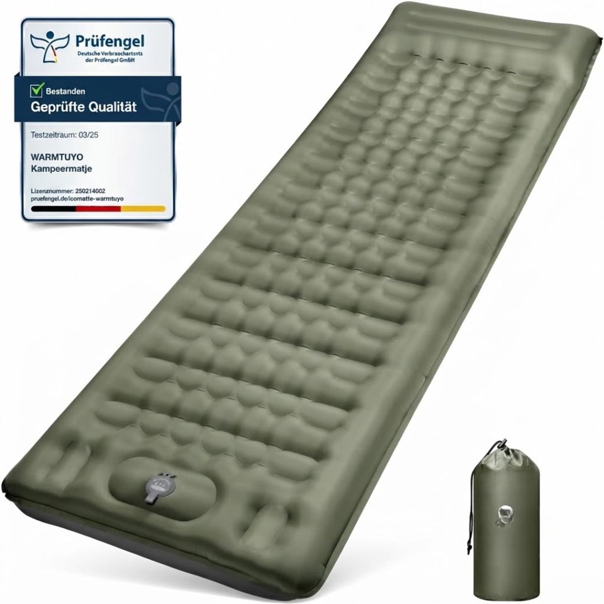 JCP® Luchtbed - Sleeping Mat - Luchtmatras met Ingebouwde Pomp en Kussen - Legergroen - 205cm x 70cm x 10cm