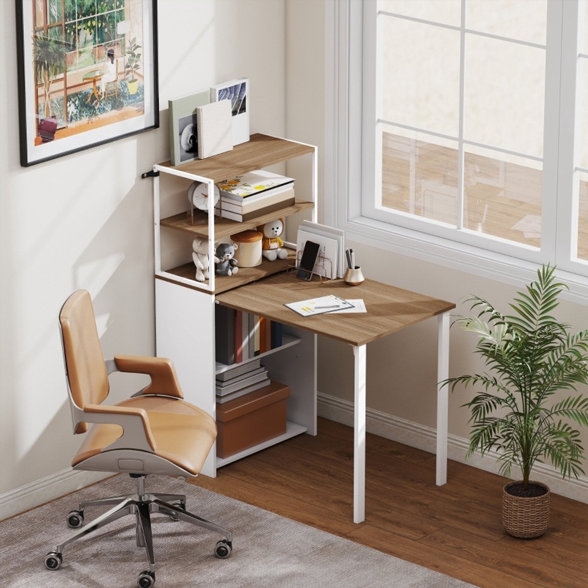 OKWISH Bureau Klapbaar – 105 x 60 x 127 cm – Hout En Metaal – Naturel Hout – Met Vier Opbergplanken Voor Werkplek En Kleine Ruimtes