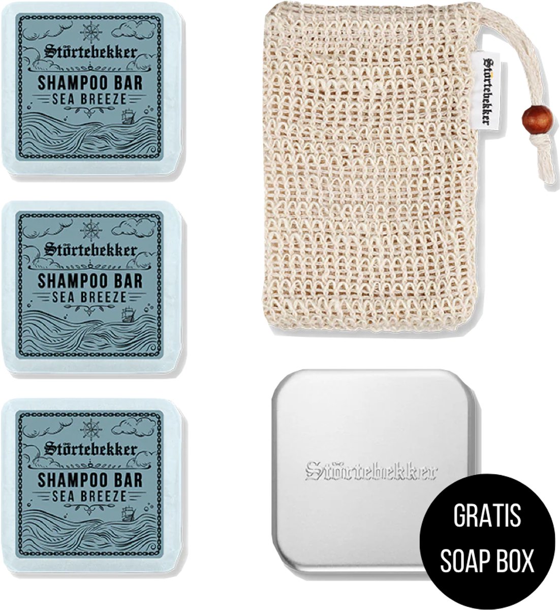 Störtebekker® Premium Doucheset Hair - Vaste shampoo (100 g x3), sisalzakje + GRATIS aluminium zeepdoosje - Shampoo Bar Set - Solid shampoo Set- Handgemaakt in NL