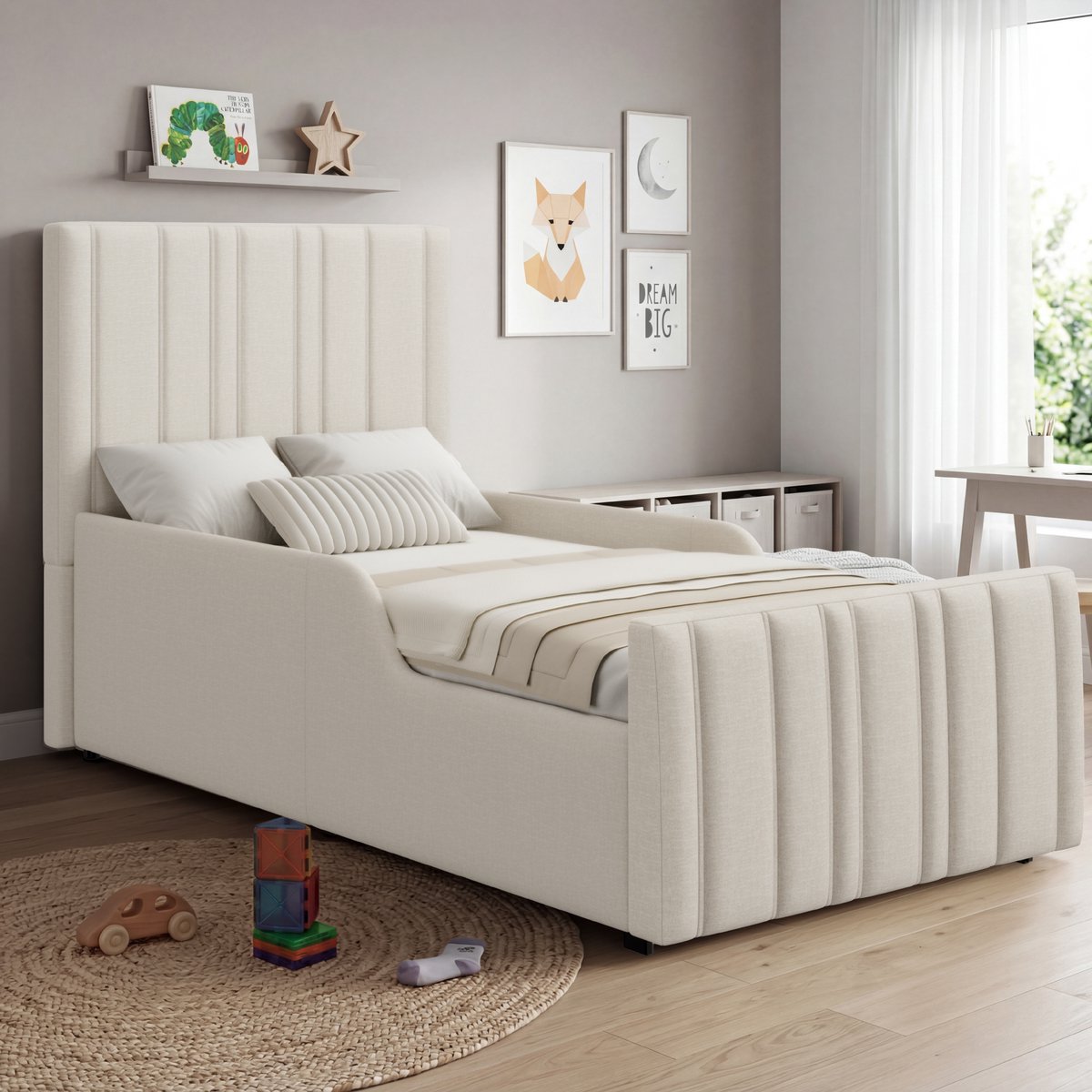 VVBV Kinderbed 90x200 – Gestoffeerd Kinderbed van Linnen met Hydraulische Opbergruimte, Lattenbodem en Opberghoofdbord – Voor Kinderen en Tieners – Beige