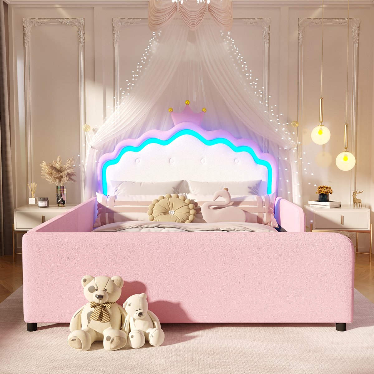 VVBV Kinderbed 140x190 cm - Uitvalbeveiliging, LED-Verlichting, Gestoffeerd Hoofdbord - Roze, Kunstleer