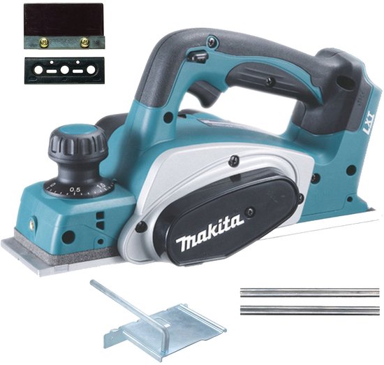Makita elektrische schaafmachine met blauwe en zilveren behuizing, met de tekst 'Makita' en 'LXT'. Inclusief accessoires.