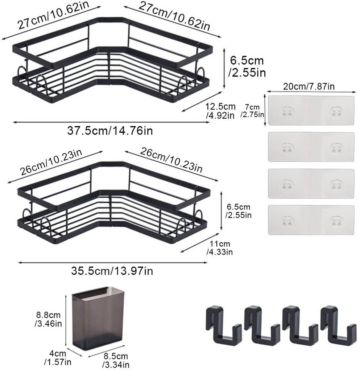 COVREO Badkamer opbergrek 37,5 x 27 x 12,5 cm zwart staal, 2 stuks