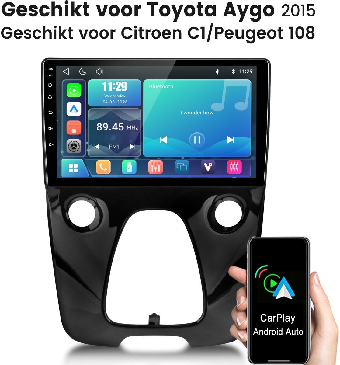 Junsun lINUX Draadloos Carplay & Andriod Auto Autoradio Geschikt voor Citroen C1 Peugeot 108 Toyota Aygo II - 10 Inch HD TouchScreen - Bluetooth - GPS navigatie- WiFi - FM - RDS- Airplay