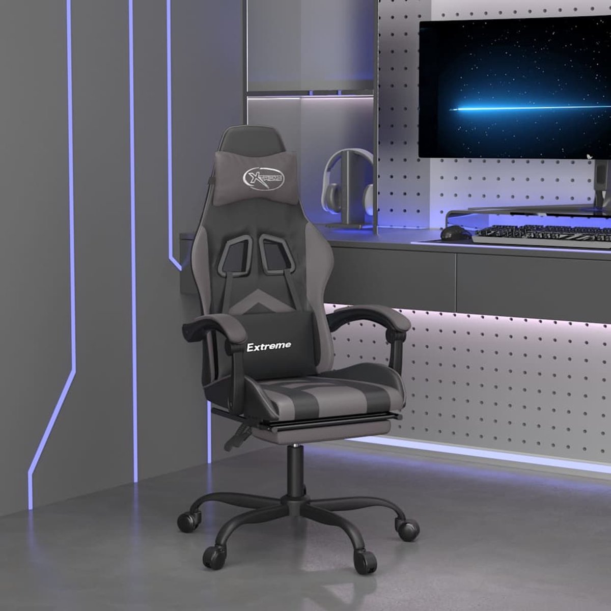 vidaXL Gamestoel - met - voetensteun - kunstleer - zwart - en - grijs Zwart en grijs