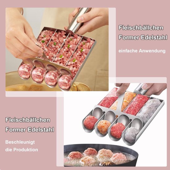 Roestvrij stalen gehaktbalvorm met 4 buizen en snijschep - Multifunctionele meatball maker voor gehaktballen, visballetjes en krabballetjes — afbeelding 2