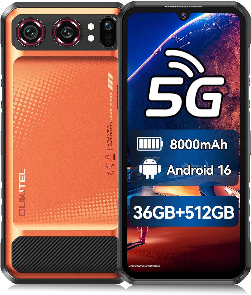 OUKITEL WP68 Air Rugged Smartphone 5G - 6,88" 120Hz - 36GB RAM - 512GB ROM - 8000 mAh 45W - Gemini AI - Android 16 - NFC GPS - Oranje