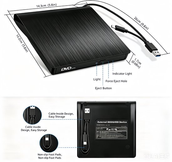 1 stuk - externe dvd brander - usb 3.0 draagbare cd/dvd rw drive - optische schijflezer - geborsteld oppervlak - dubbele kabel - laptops, desktop computers, windows & mac systemen - zwart — afbeelding 2