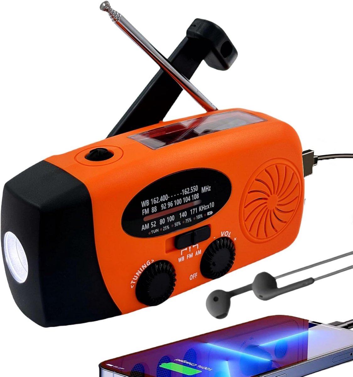 Noodradio - Zonne-energie handcrank weerradio - Handbediende AM/FM radio - Draagbare zelfvoedende radio - SOS-functie - LED-zaklamp - USB-oplader voor telefoon - 6000mAh powerbank - Geschikt voor thuisgebruik, kamperen buiten en vissen - Oranje