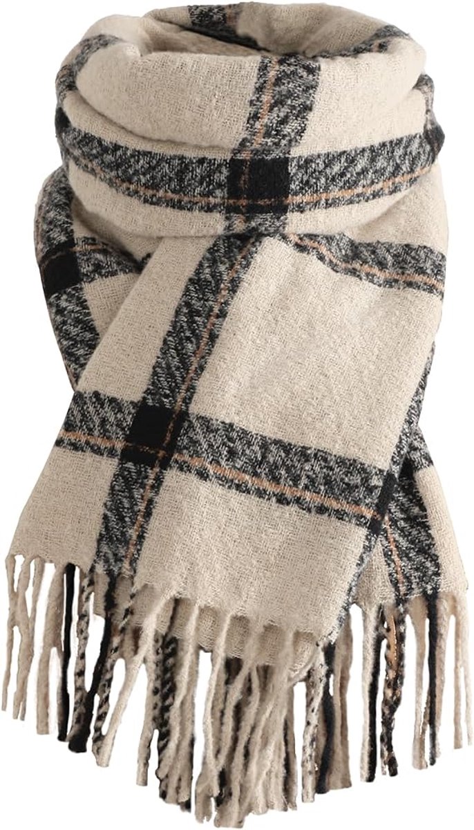 Wintersjaals voor dames - lange dekensjaal - zachte geruite sjaal met kwastjes - grove oversized omslagdoeken - 180 x 63 cm - Wit