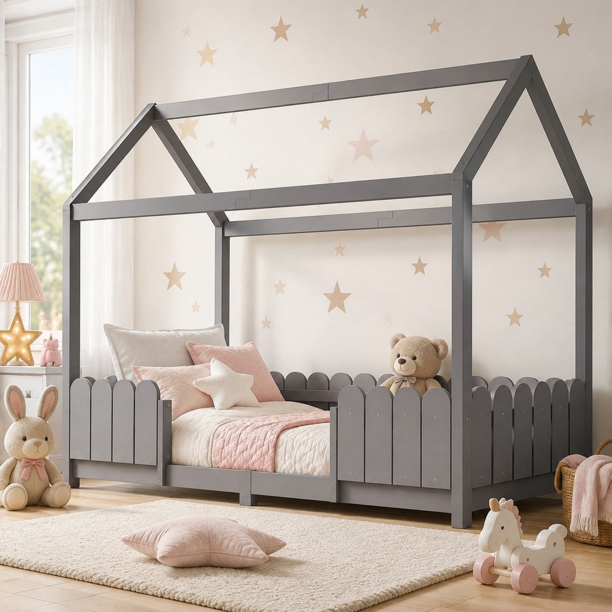 Huisbed 90x200 cm – Kinderbed met uitvalbeveiliging – Lattenbodem en dakvorm – Voor kinderkamer – Hout en MDF – Grijs – Zonder matras