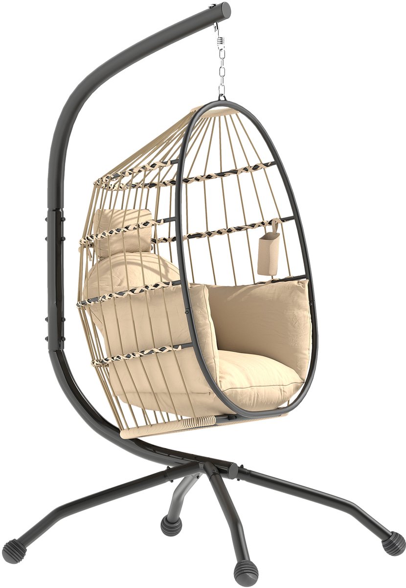 Hangstoel met frame | crème | hangschommel voor binnen en buiten | incl. kussen en kussens | rieten stoel, ei stoel, hangstoel terras, hangmand stoel | stalen frame