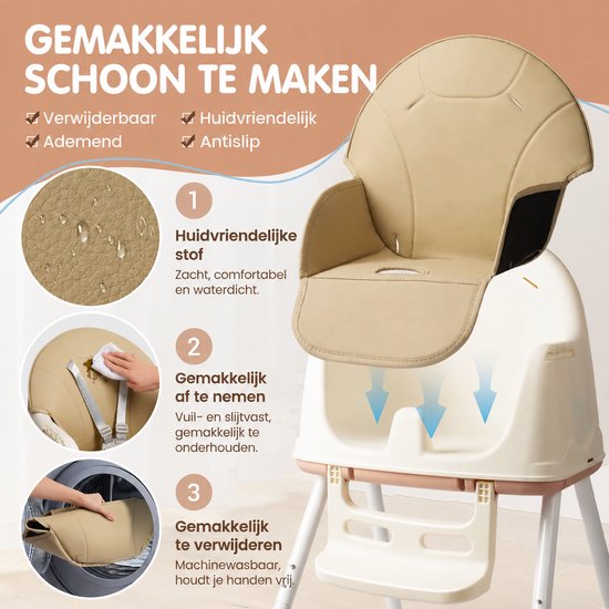 Arvioo - kinderstoel - 2-in-1 hoogstoel - 3 standen dienblad - afneembaar kussen beige — afbeelding 3