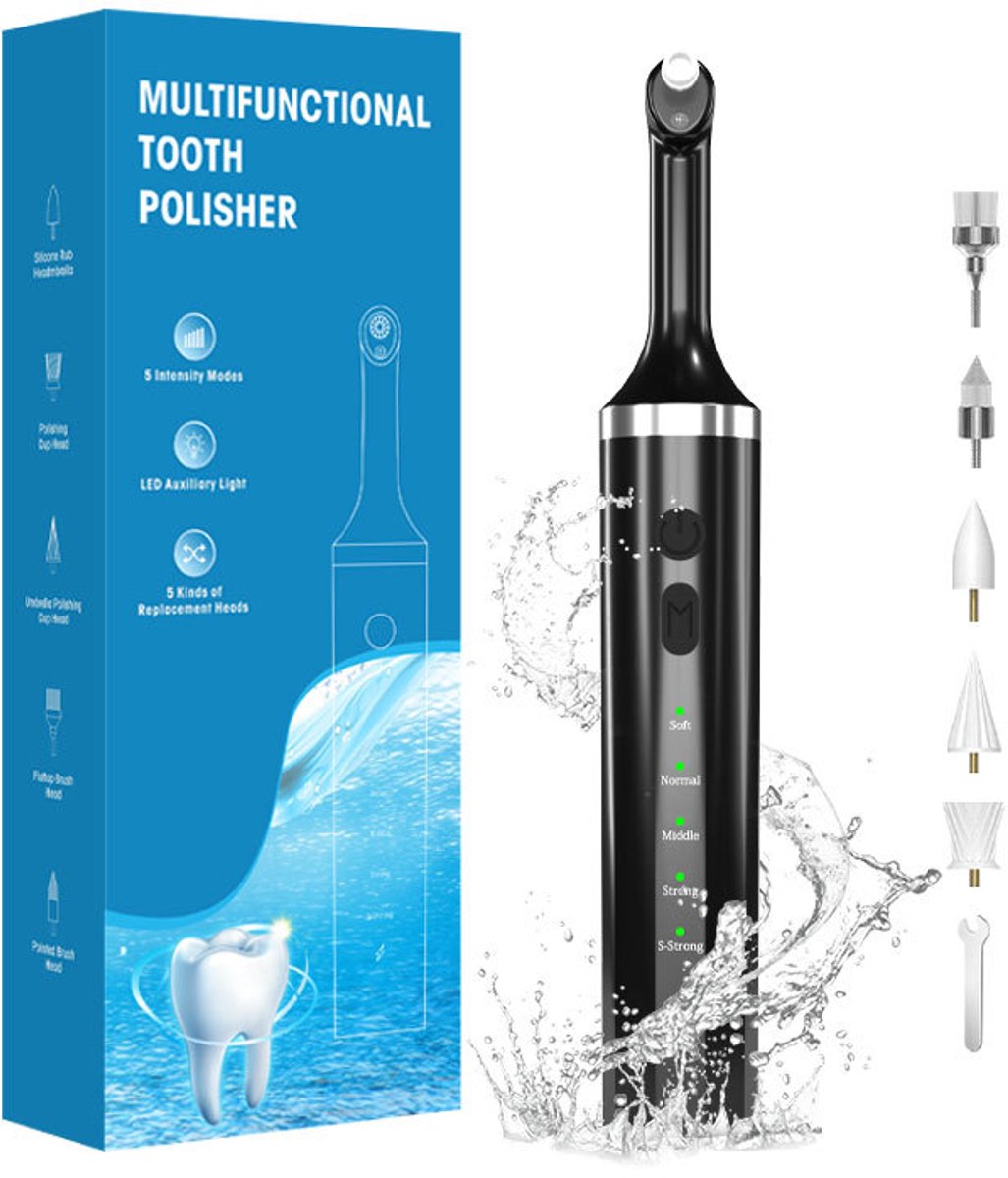 Tandenpoetser Set - 5 Opzetstukken & 8 Polijstpasta's - 5 Snelheden met LED Licht - IPX6 Waterdicht - voor Thuisgebruik - Zwart - 1 Set
