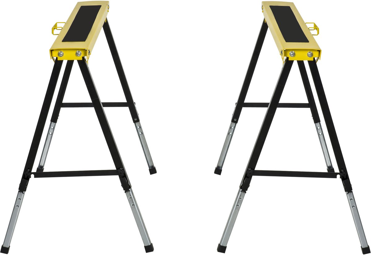Set van 2 zaagbokken - werkbanken - inklapbaar - antislip - staal - geel/zwart - 100 x 49 x 62 - 90 cm - draagvermogen 100 kg