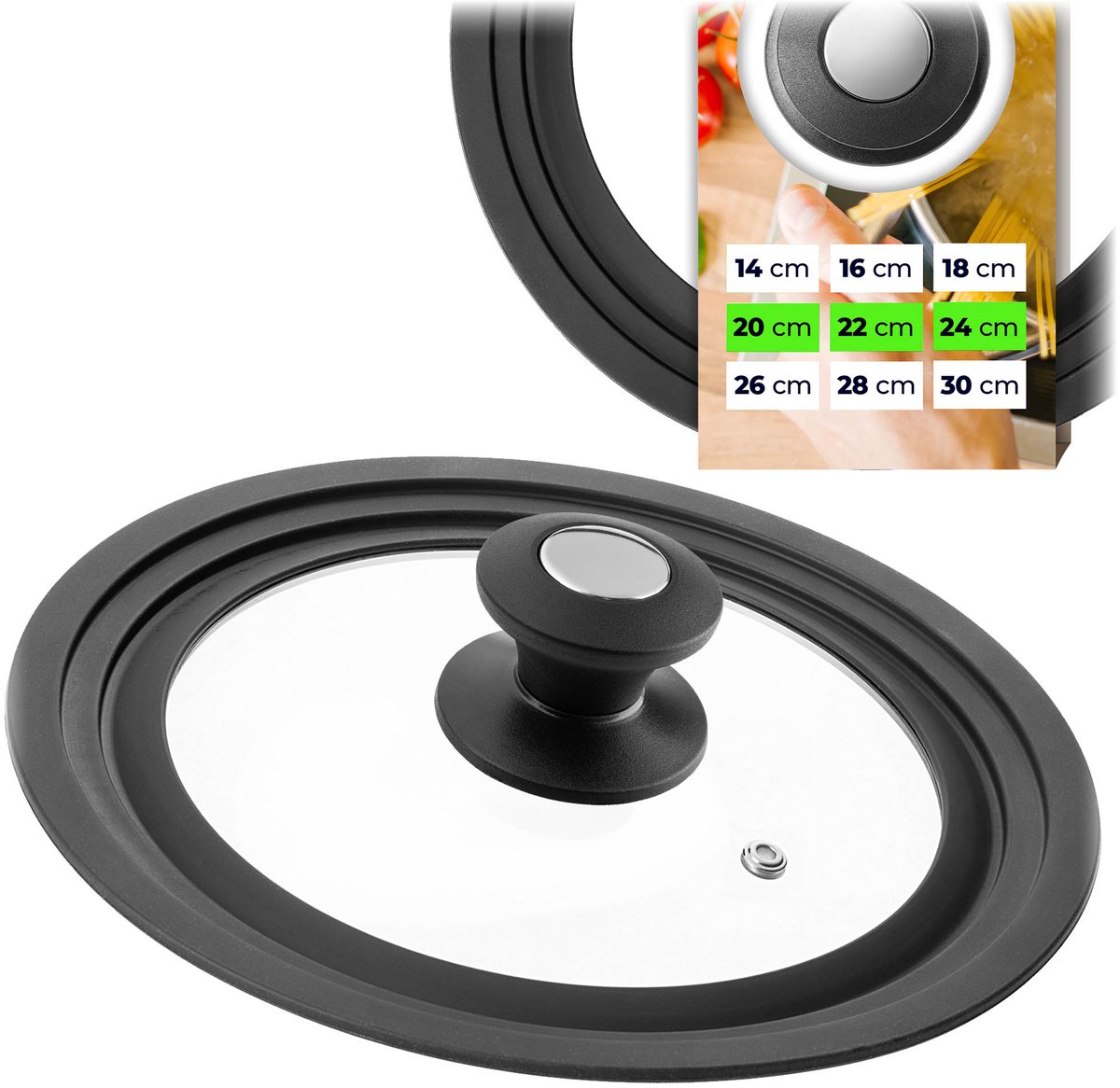 KADAX universele deksel 20/22/24 cm, universele deksel voor potten en pannen, pannendeksel, glazen deksel met siliconenrand en stoomopening, potdeksel (zwart/zilver)