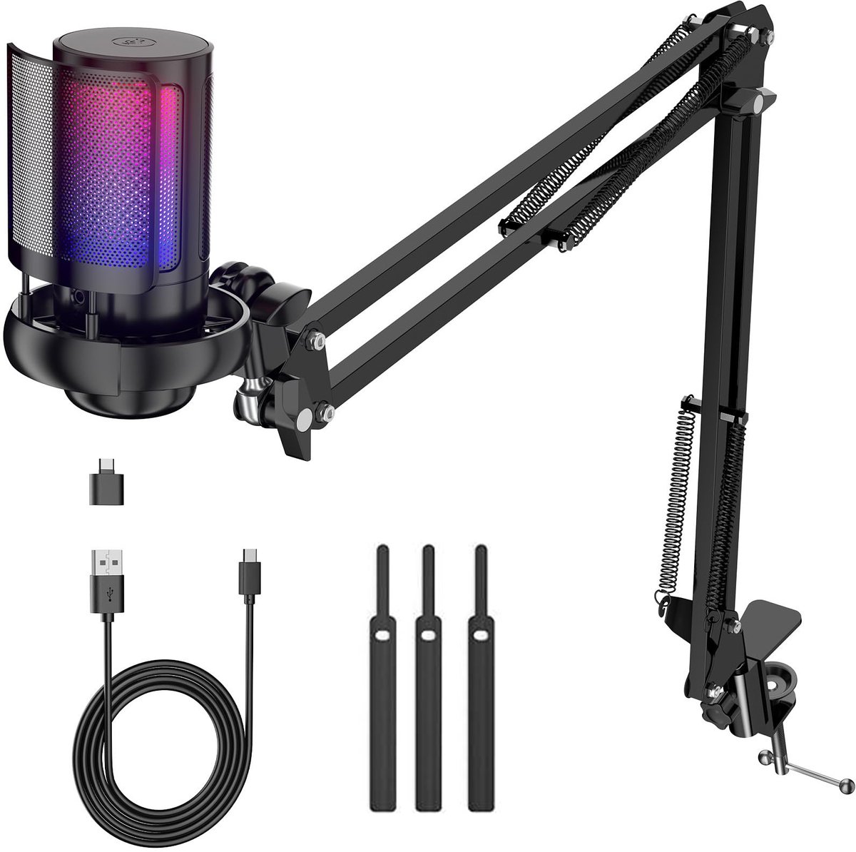 Microfoon - Met standaard en RGB-verlichting - Speciaal voor gaming - Geschikt voor streaming, podcasting en opnamestudio's - USB-microfoon - Cantilever microfoonstandaard - TYPE-C-adapter - Zwart