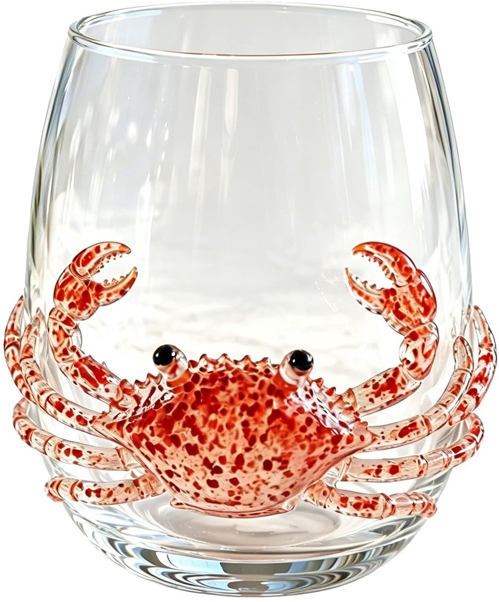Casalora® Handgemaakt 3D Wijnglas zonder Voet – Maritiem Dier Design – Artistiek Drinkglas – Kustdecoratie – Cadeau voor Oceaanliefhebbers – Krab