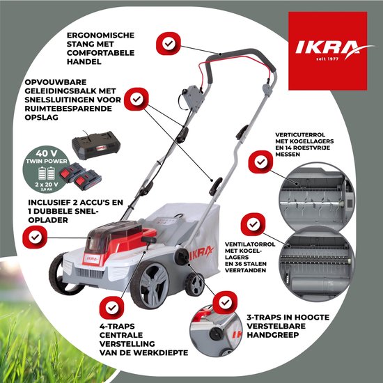 IKRA 3-in-1 accu-verticuteermachine en gazonbeluchter IAVL 2-2032, 32 cm werkbreedte, werkdiepte +3 tot -9 mm, 30l opvangzak, 2 x 20V (2,0 Ah) accu’s & snellader van IKRA — afbeelding 2