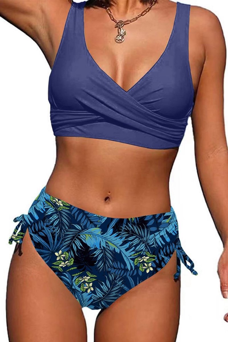 Solidchoice - Dames Bikini-set met Hoge Taille en V-hals in Blauw