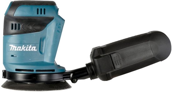Turquoise Makita excenterschuurmachine met zwarte stofopvangbak.