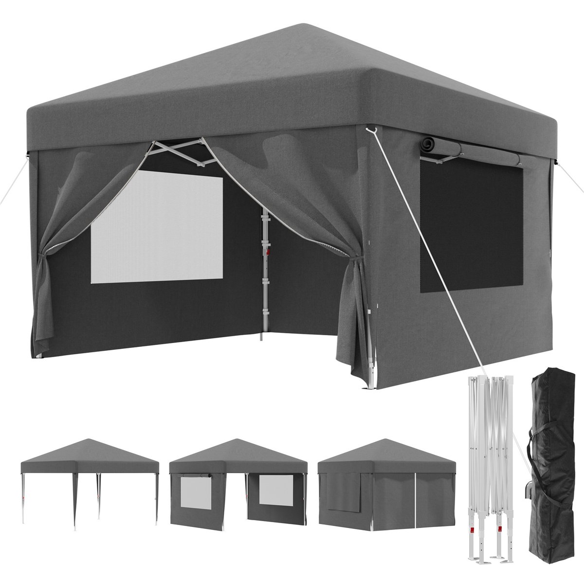 Devoko partytent–Opvouwbaar tuinpaviljoen 3x3（Raam met oprolbare hor）–pop-up tuinpaviljoen in 20 sec–Waterdicht & UV-bestendig–met opbergtas–Grijs