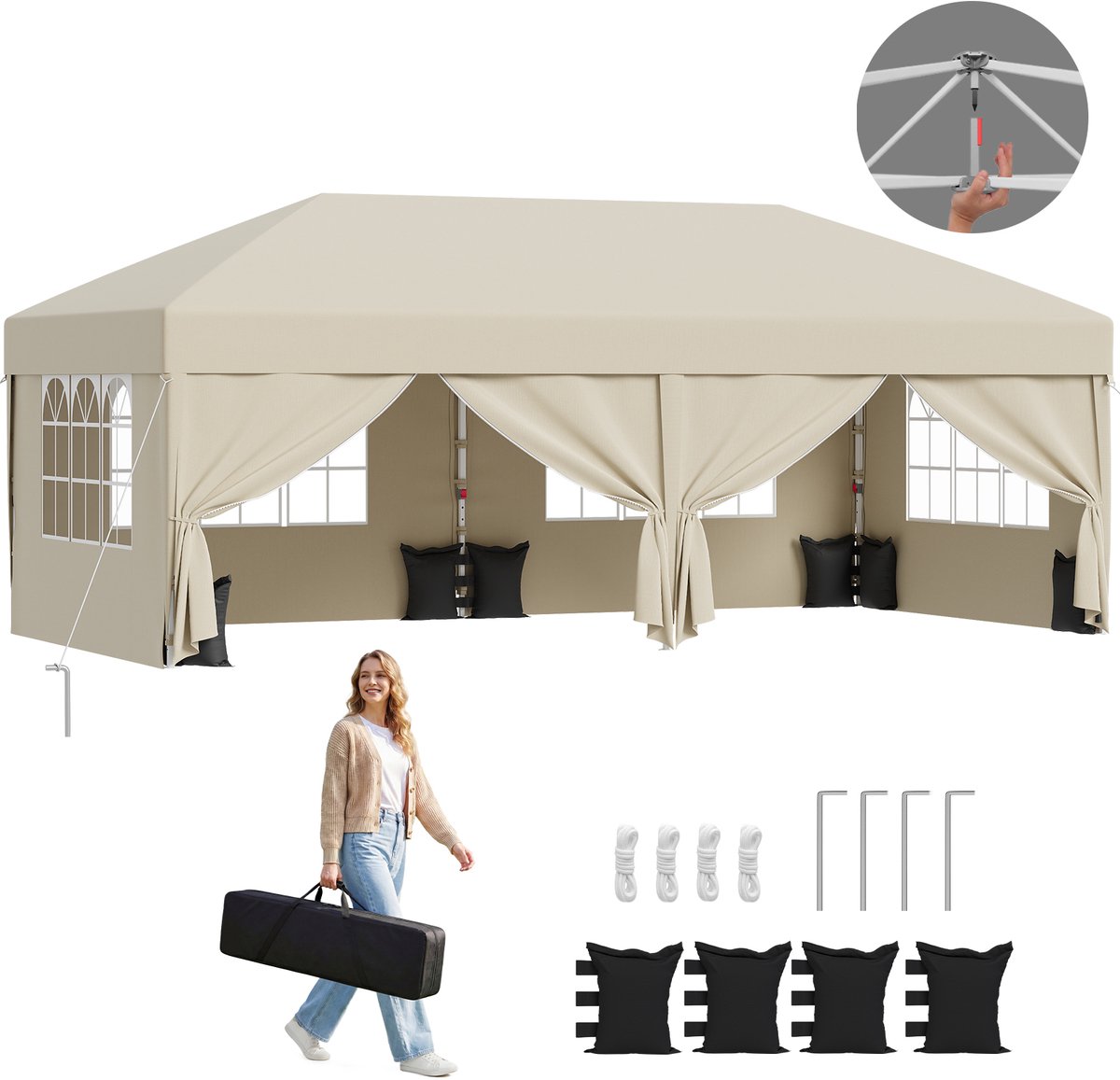 Devoko partytent–Opvouwbaar tuinpaviljoen 3x6–pop-up tuinpaviljoen in 20 sec–Waterdicht & UV-bestendig–met opbergtas–4 zijwanden–Beige