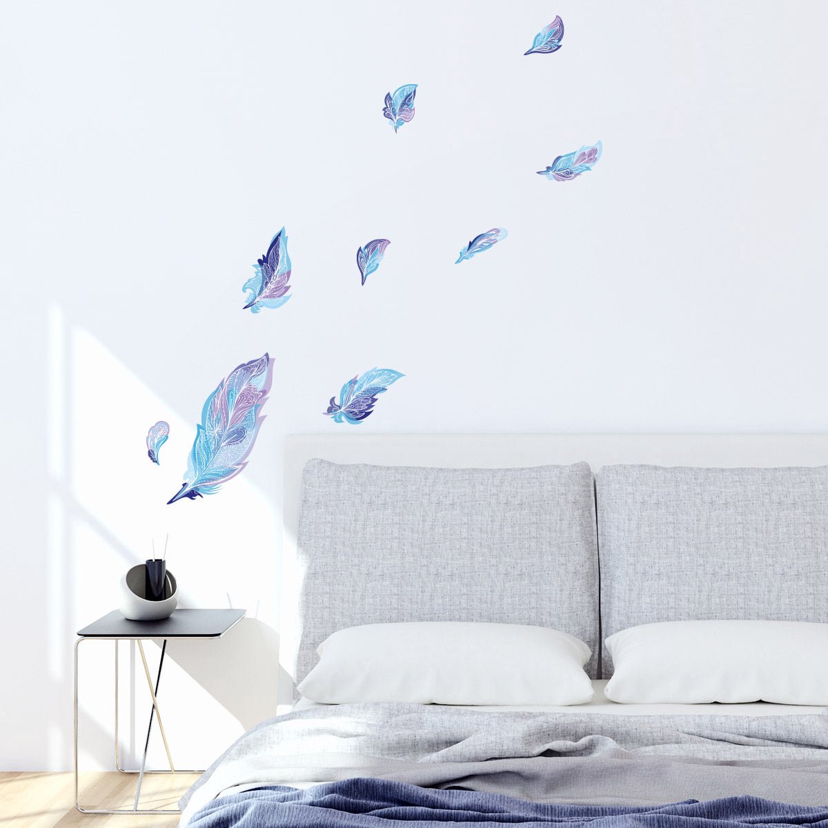 Ambiance Sticker Muurstickers - Bohemian 9 Blauwe Veren - Transparante Achtergrond - 120x125cm Multi color