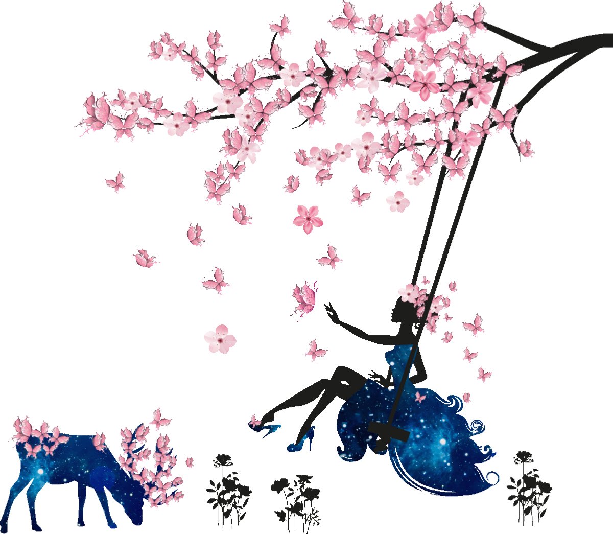 Ambiance Sticker Muurstickers - Boom, vlinders en schommel - Transparante achtergrond - 100x150cm Multi color