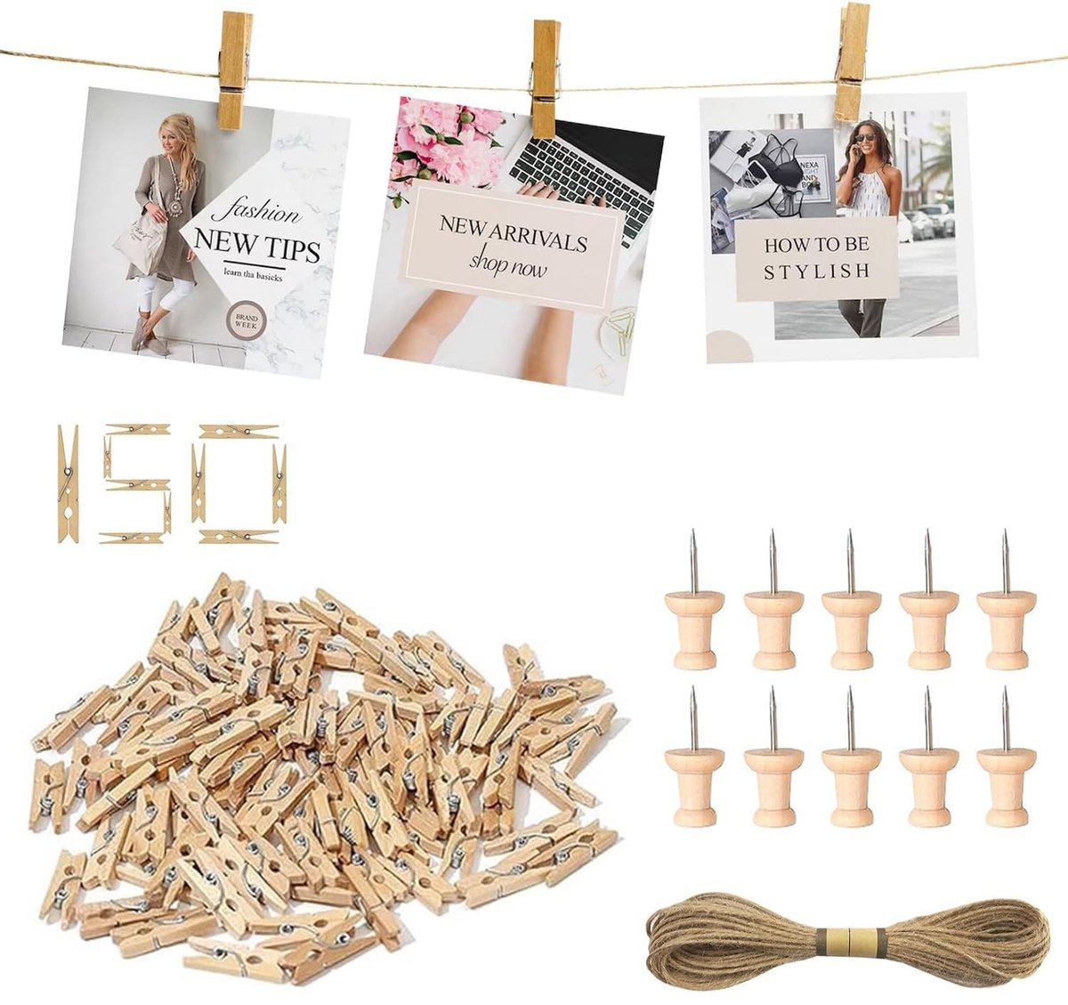 Solidchoice - Mini Houten Klemmen Set van 150 Stuks met Jute Touw