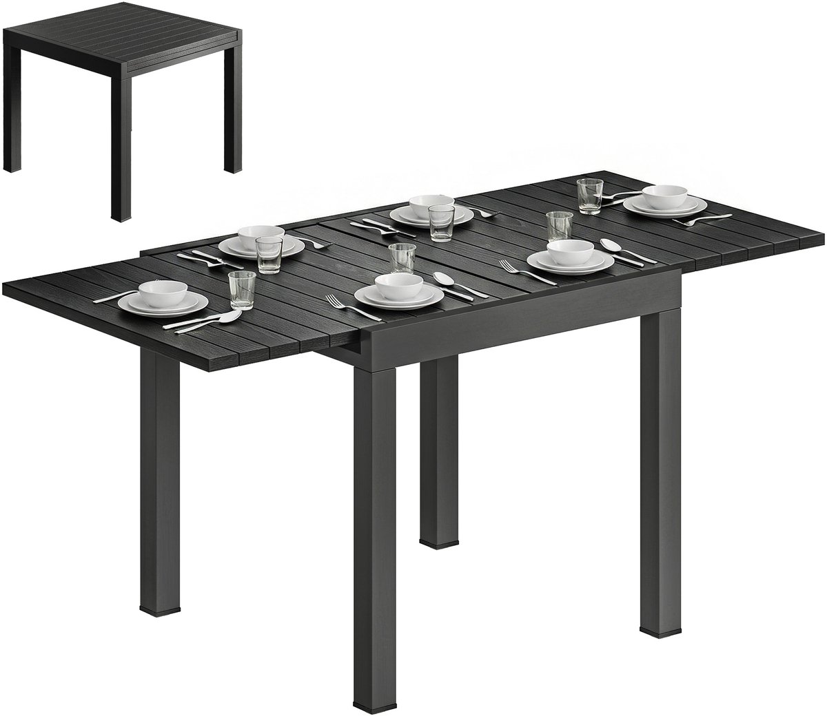 Uitschuifbare tuintafel 80/160 x 80 cm, aluminium (geschikt voor 4-6 personen) – rechthoekige balkontafel met gestreept tafelblad – zwart